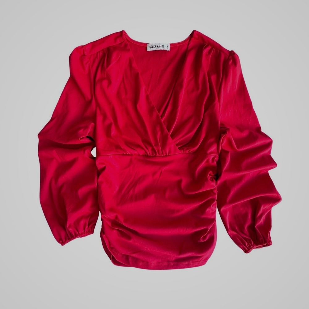 Grace Karin Blouse Red Ruched Surplice V-Neck Puff Sleeve Romantic Date Night M